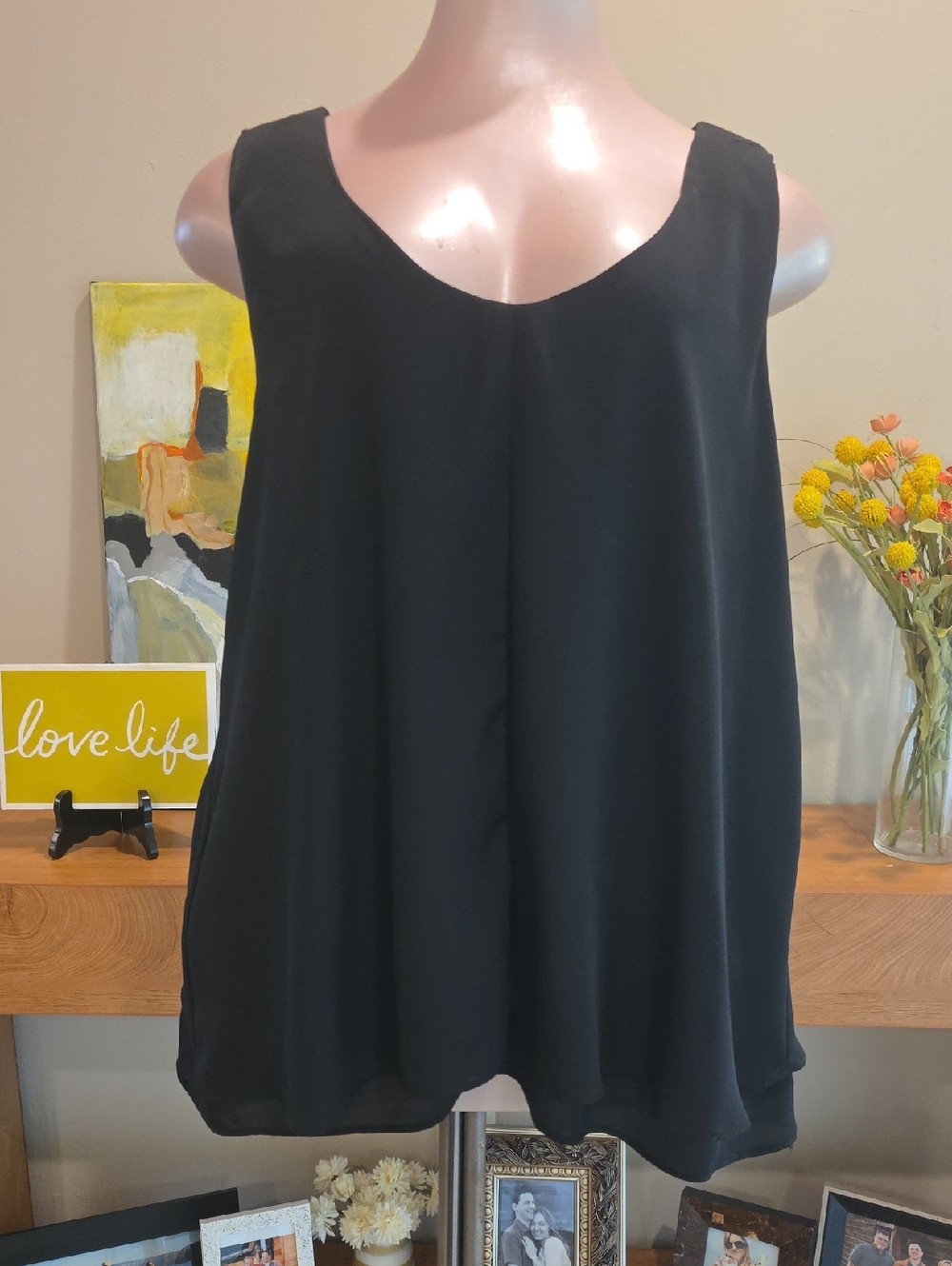 NY Collection Black Sleeveless V-Neck Top Swingy Flowy